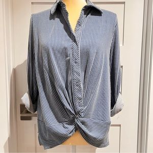 Paper Crane Blue and White Twist Front Button Down - Medium